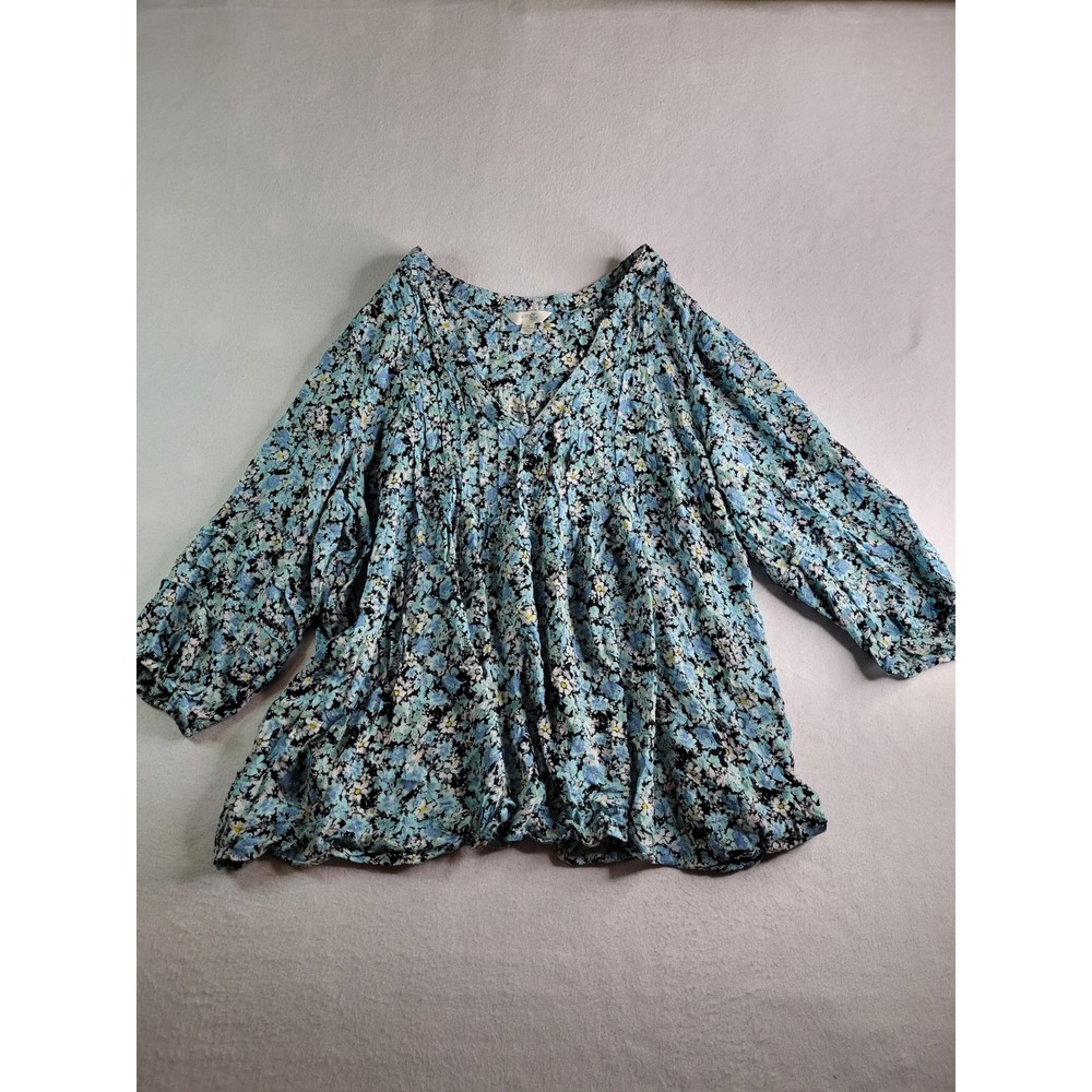 Terra & Sky Womens 4X Blue Floral V-Neck Pleated 3/4 Sleeve Peasant Blouse Top
